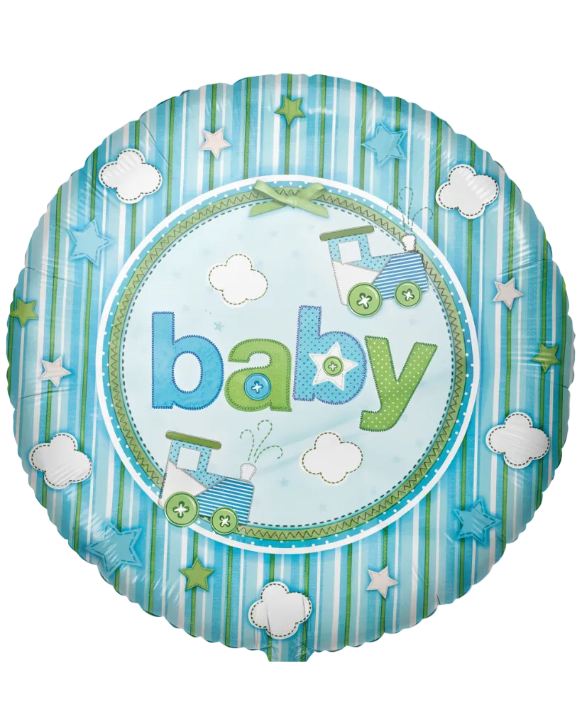 Round balloon with 'baby' text and baby-themed graphics on a blue and green striped background