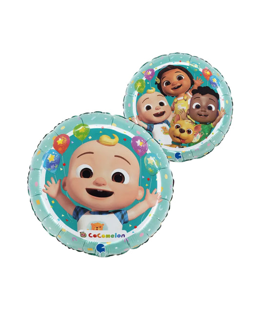Two Cocomelon-themed balloons with cartoon characters on a white background