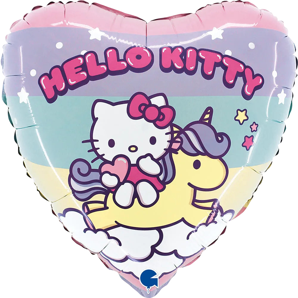 Heart-shaped Hello Kitty balloon with a unicorn on a white background