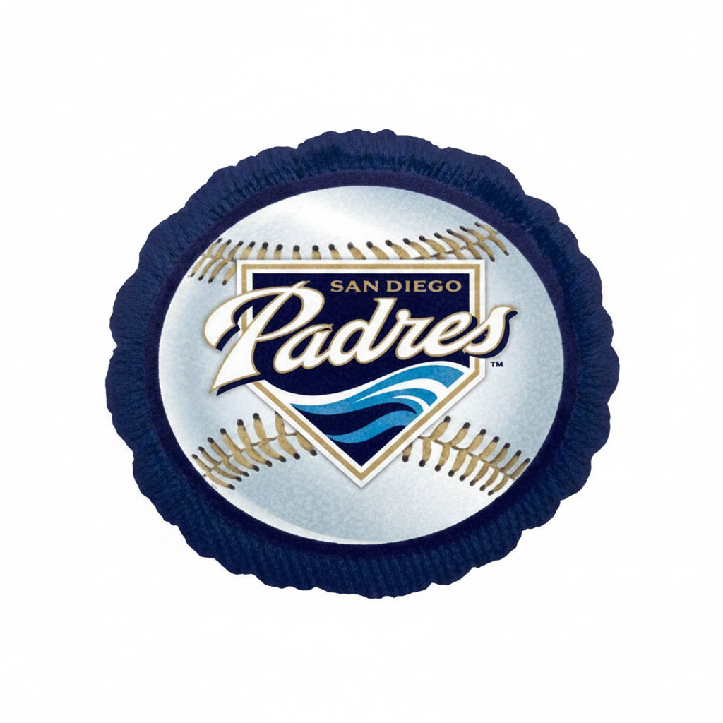 San Diego Padres logo on a baseball with blue stitching