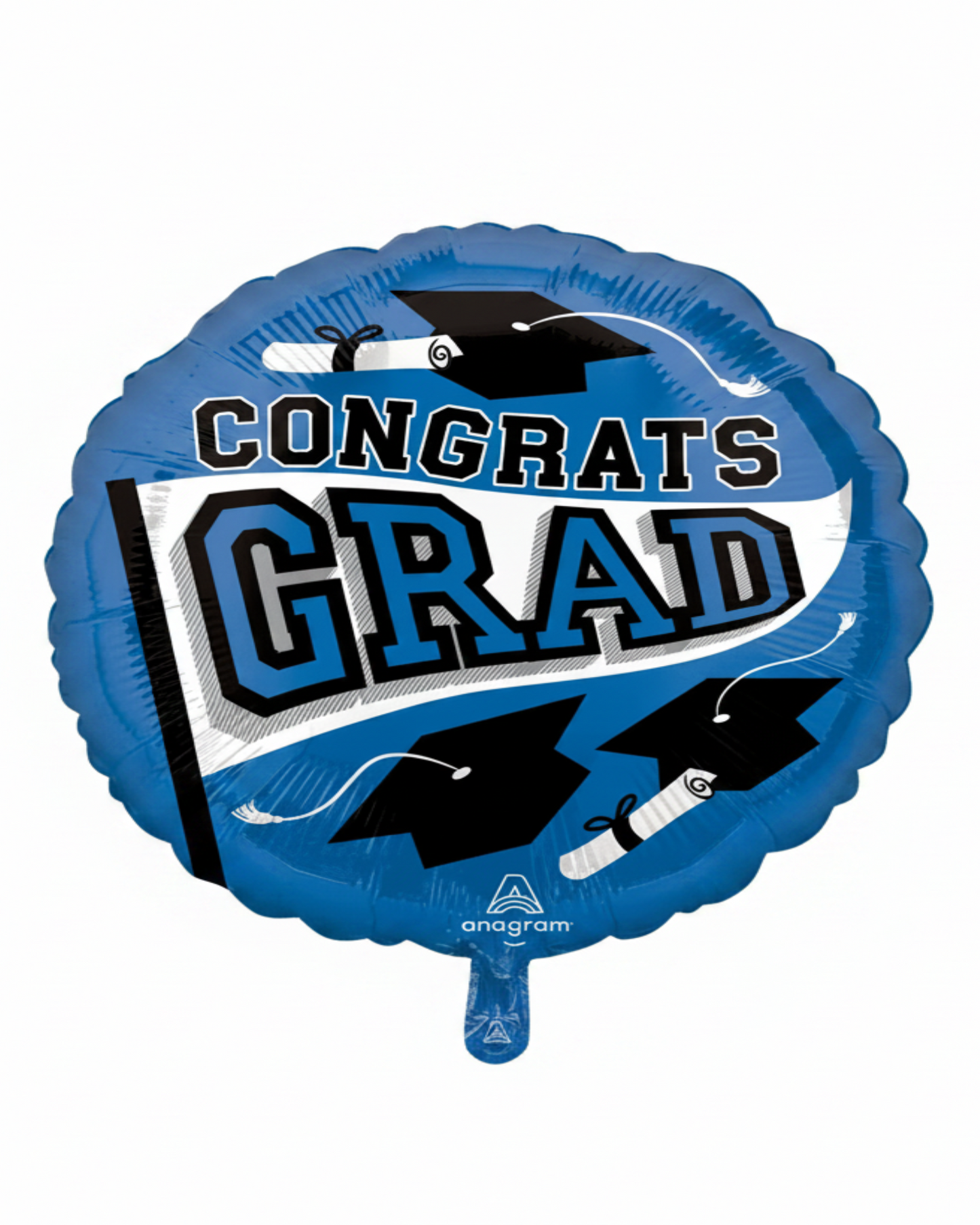Blue graduation-themed balloon with 'Congrats Grad' text and Anagram logo.