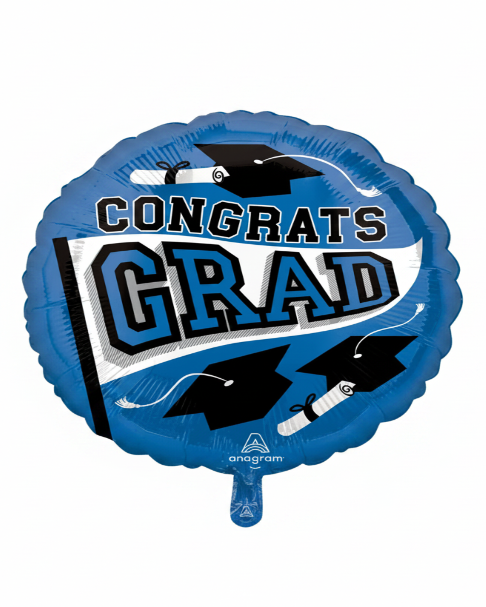Blue graduation-themed balloon with 'Congrats Grad' text and Anagram logo.