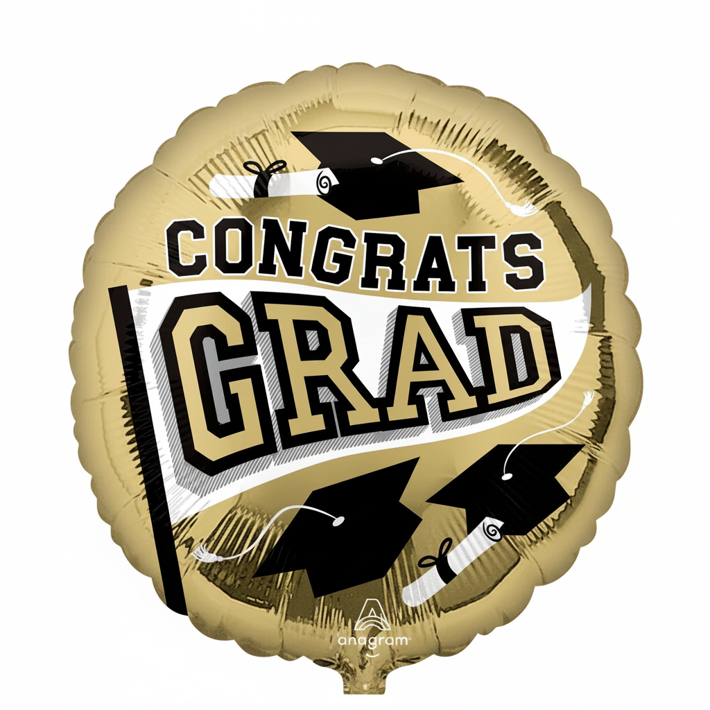 Gold balloon with 'Congrats Grad' text and graduation cap design, featuring Anagram logo.