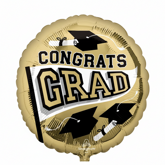 Gold balloon with 'Congrats Grad' text and graduation cap design, featuring Anagram logo.