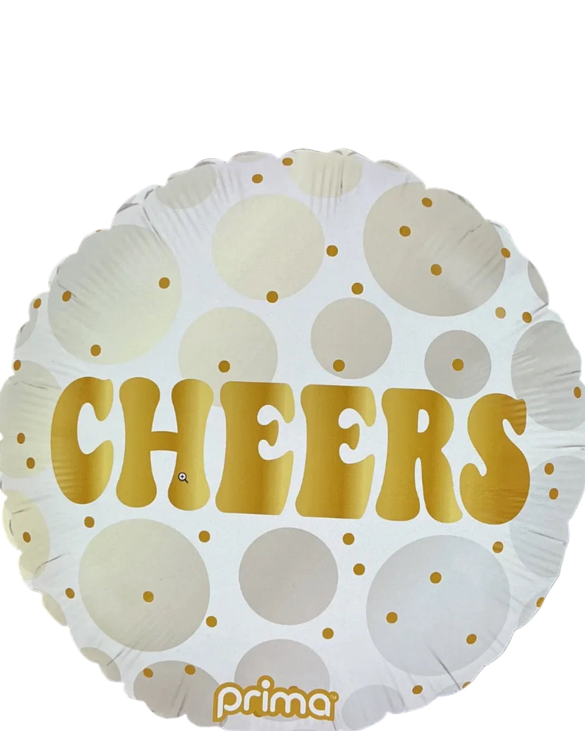 White balloon with gold polka dots and 'Cheers' text, featuring the brand 'Prima'.