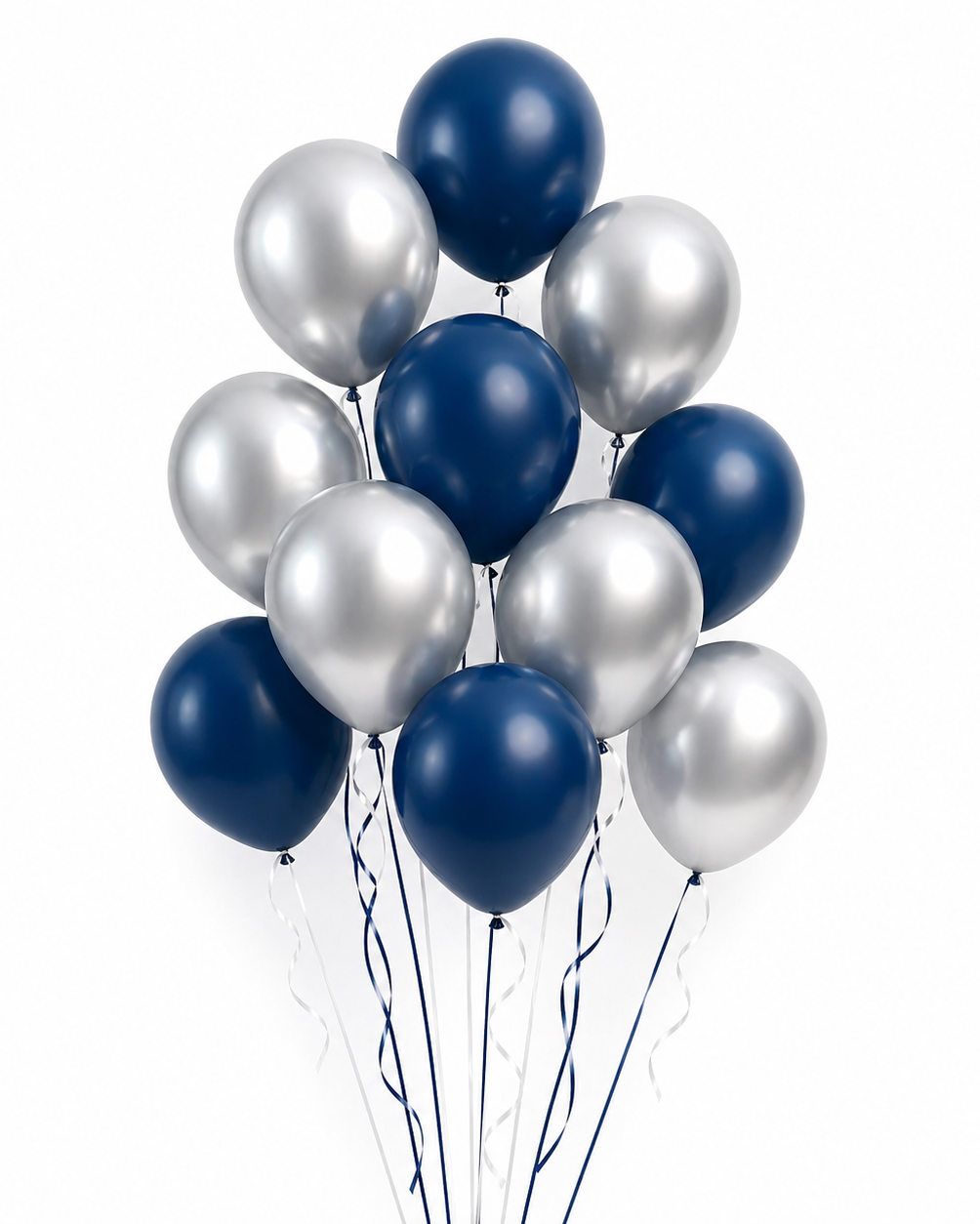 Bouquet of blue and silver balloons on a white background