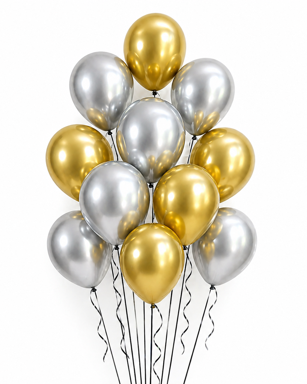 Bouquet of gold and silver balloons on a white background