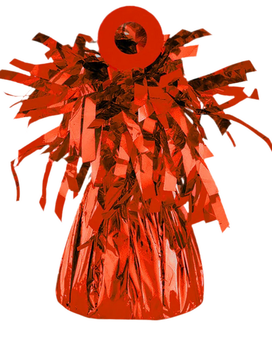 Red tinsel pom-pom decoration on a white background