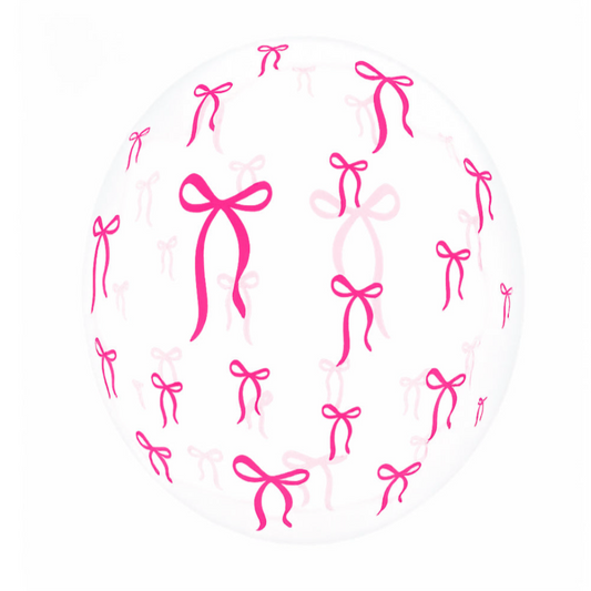 Circular arrangement of pink bows on a white background