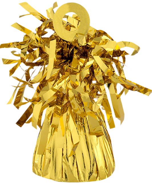 Gold tinsel pom-pom with a number '0' on a white background
