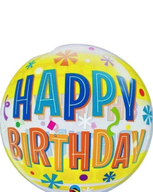 Digital drawing of a colorful 'Happy Birthday' balloon on a tablet screen.