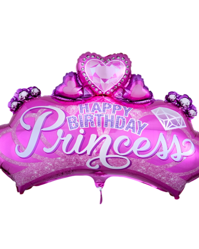 Pink 'Happy Birthday Princess' balloon with decorative elements on a white background