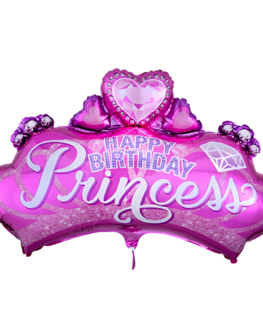 Pink 'Happy Birthday Princess' balloon with decorative elements on a white background