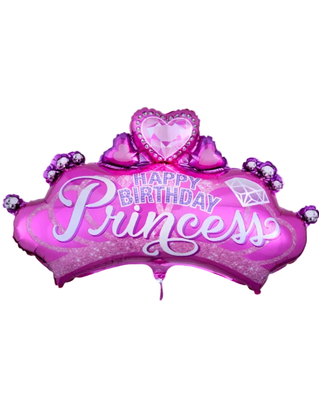 Pink 'Happy Birthday Princess' balloon with decorative elements on a white background