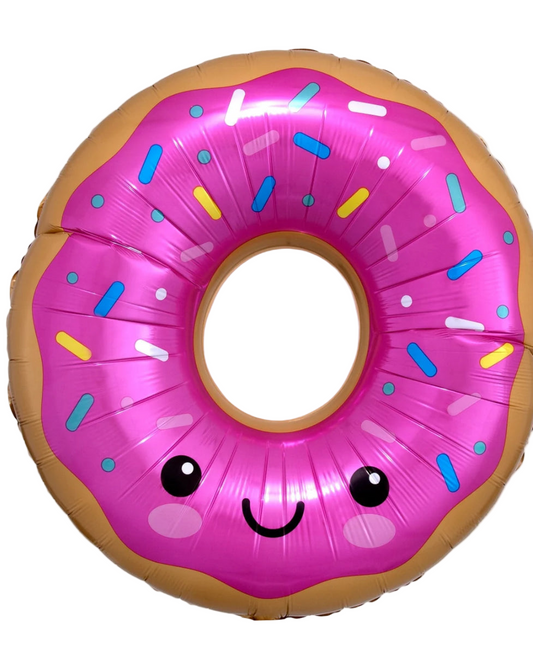 Inflatable donut pool float with pink glaze and colorful sprinkles on a white background
