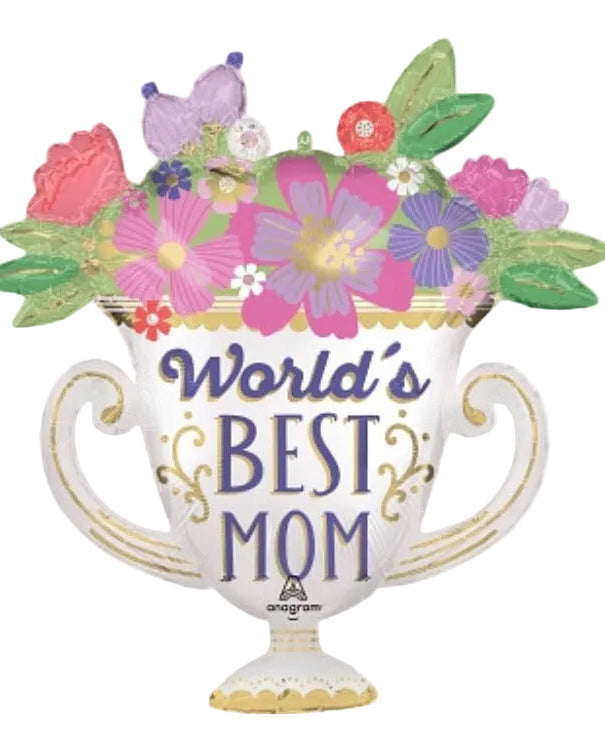 Decorative balloon shaped like a trophy with flowers and 'World's Best Mom' text on a white background