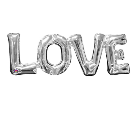 Silver 'LOVE' balloon set on a white background
