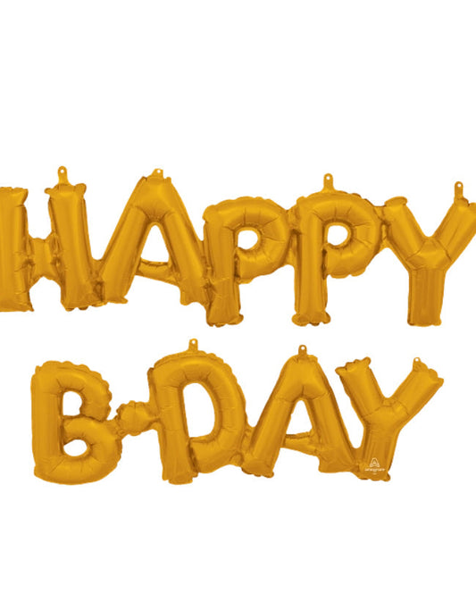 Gold 'Happy B-Day' balloon letters on a white background