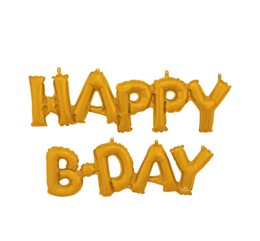 Gold 'Happy B-Day' balloon letters on a white background