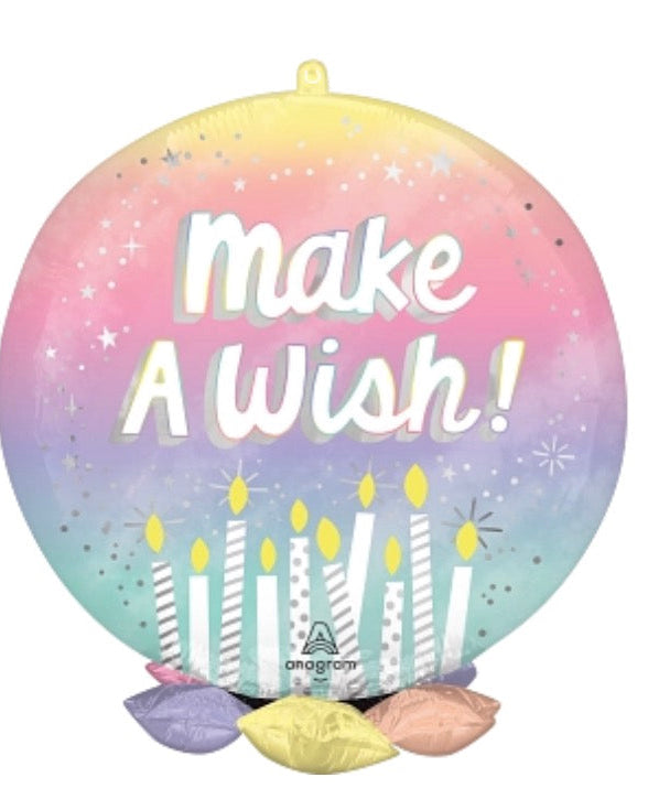 Pastel-colored balloon with 'Make A Wish!' text and birthday candles design.