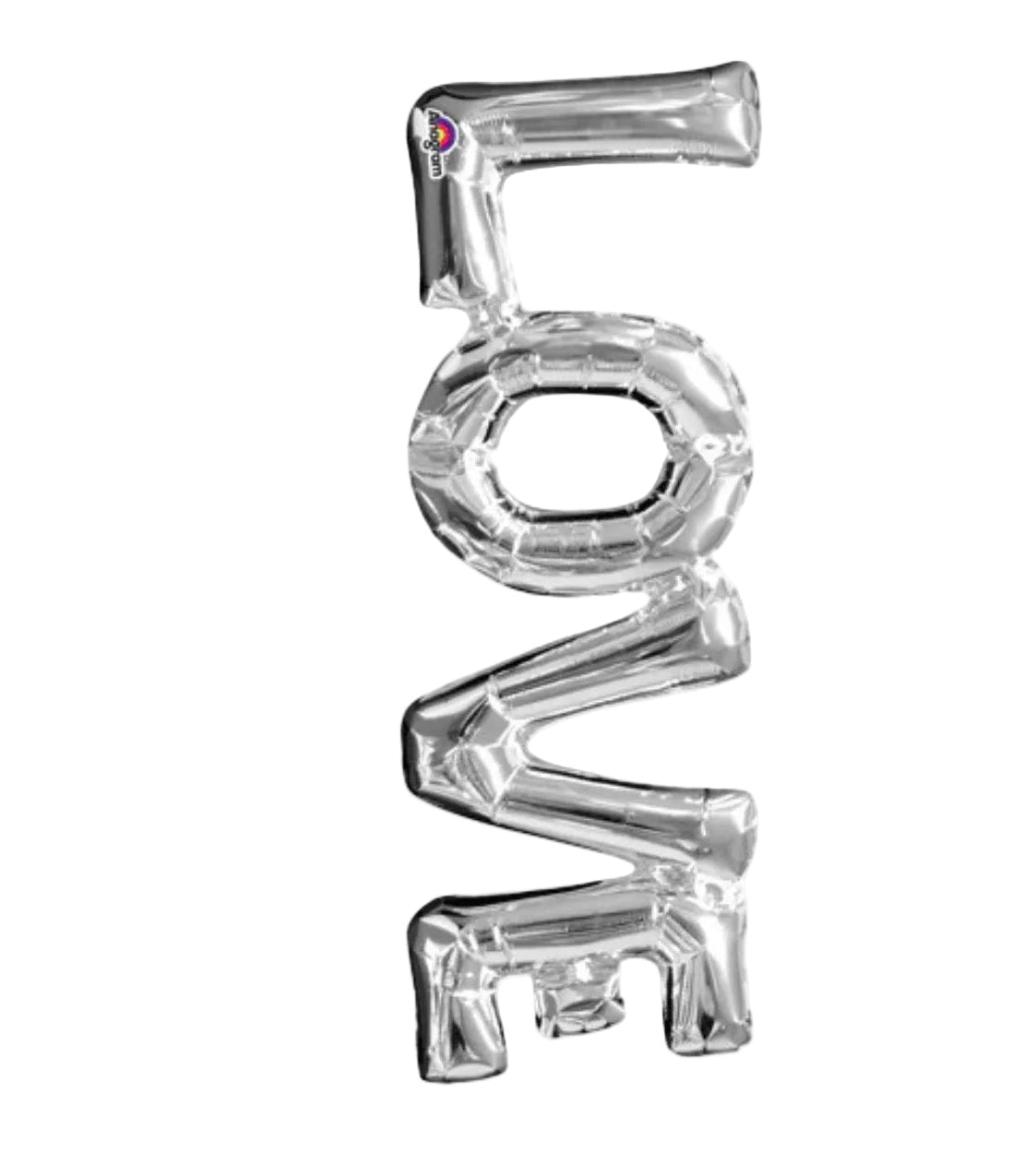 Silver 'LOVE' balloon set on a white background