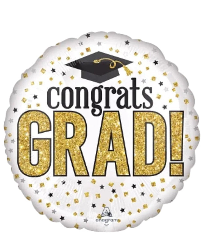 Graduation-themed balloon with 'Congrats Grad!' text and a cap on a white background