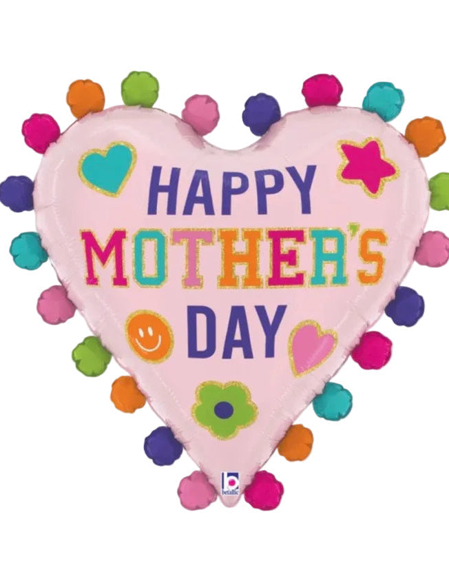 Heart-shaped balloon with 'Happy Mother's Day' text and colorful decorations on a white background
