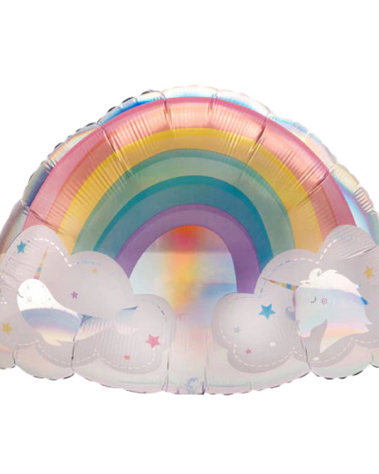 Colorful rainbow-shaped balloon with cloud designs on a white background
