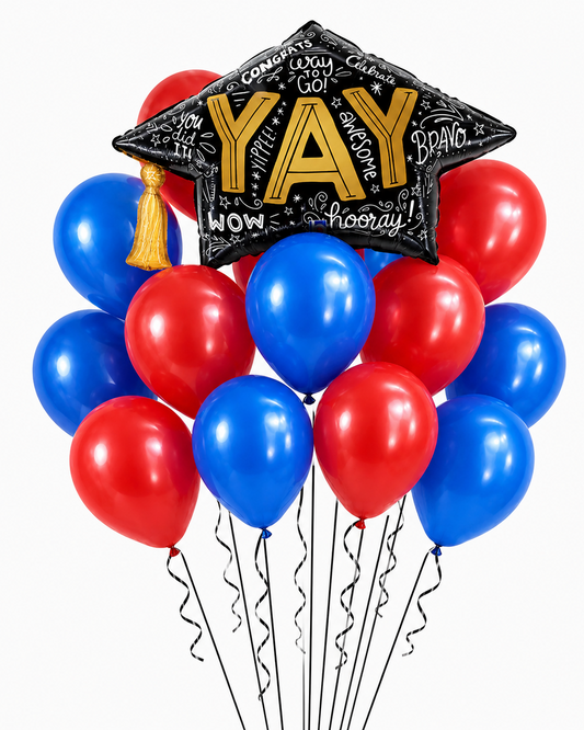 Balloon bouquet with a celebratory hat featuring 'YAY' text on a white background