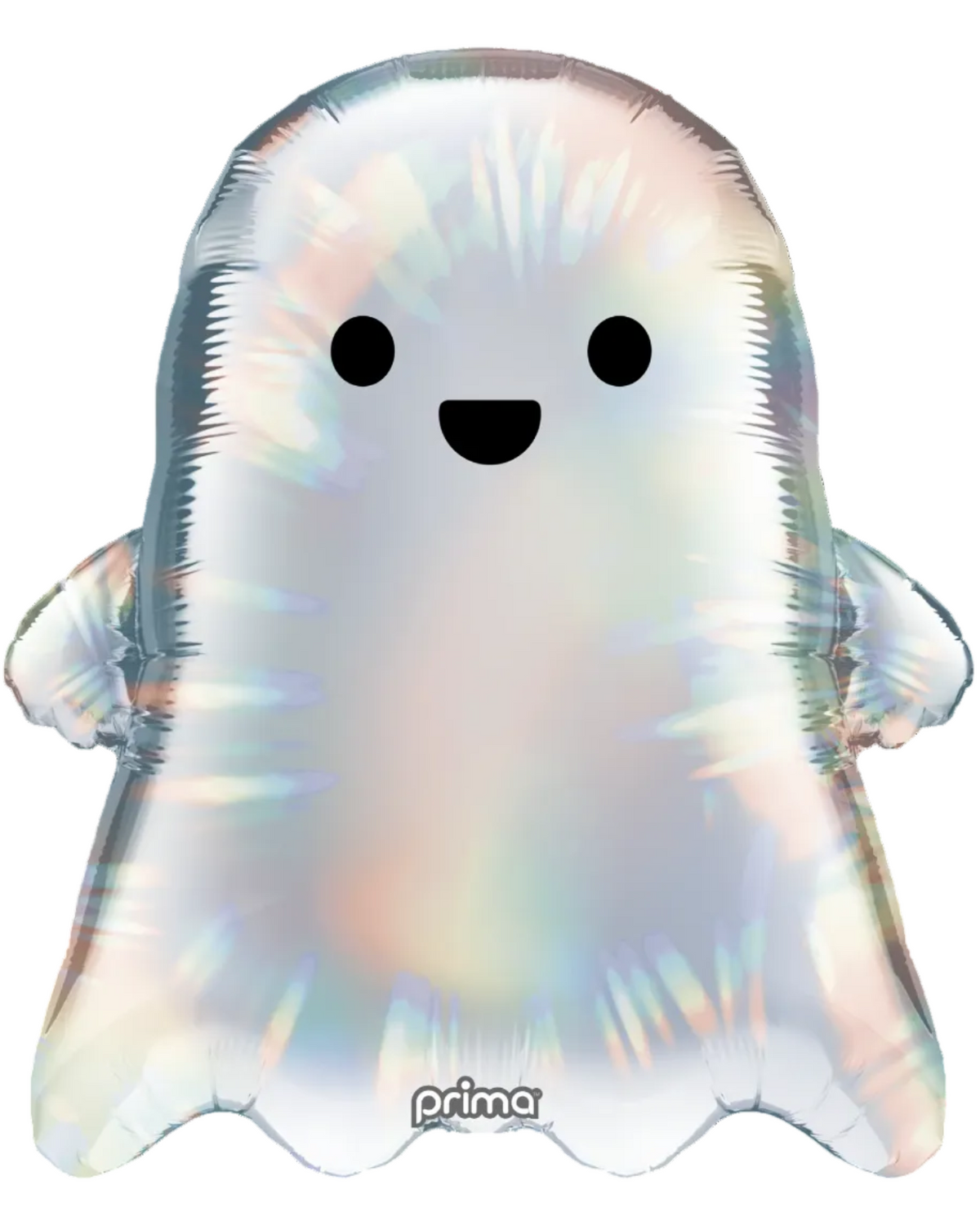 A ghost-shaped foil balloon with an iridescent holographic finish, featuring a simple black smiley face and the brand name 'prima' printed near the bottom, shown against a plain white background.