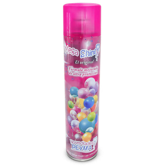 Pink bottle of Mega Shine with colorful balloons on a white background