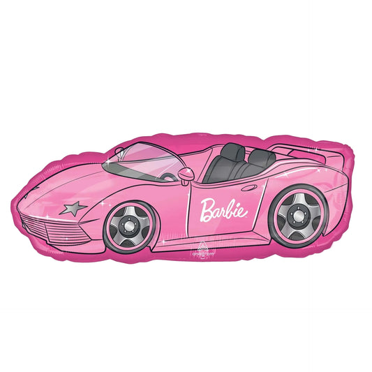 Pink Barbie car-shaped balloon on a white background