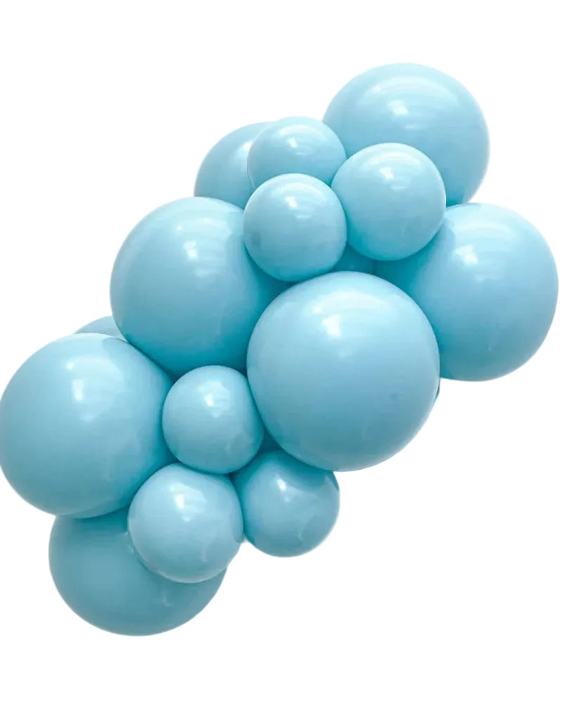 Cluster of light blue balloons on a white background