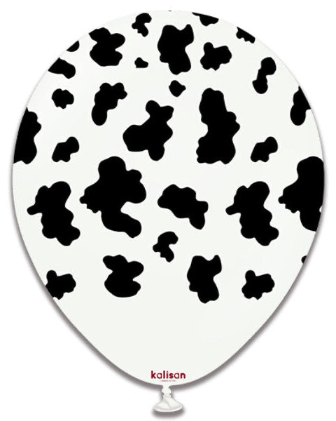 Latex balloon with black cow print pattern on a white background, featuring the brand 'Kalisan'.