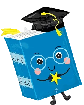 Blue book with a face, glasses, and a graduation cap on a white background
