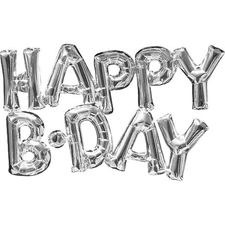 Silver 'Happy B-Day' balloon set on a white background