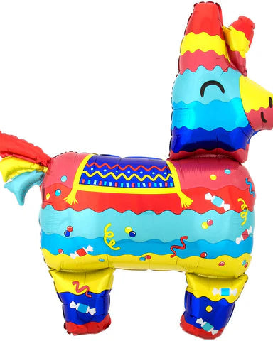 Colorful inflatable piñata shaped like a donkey on a white background