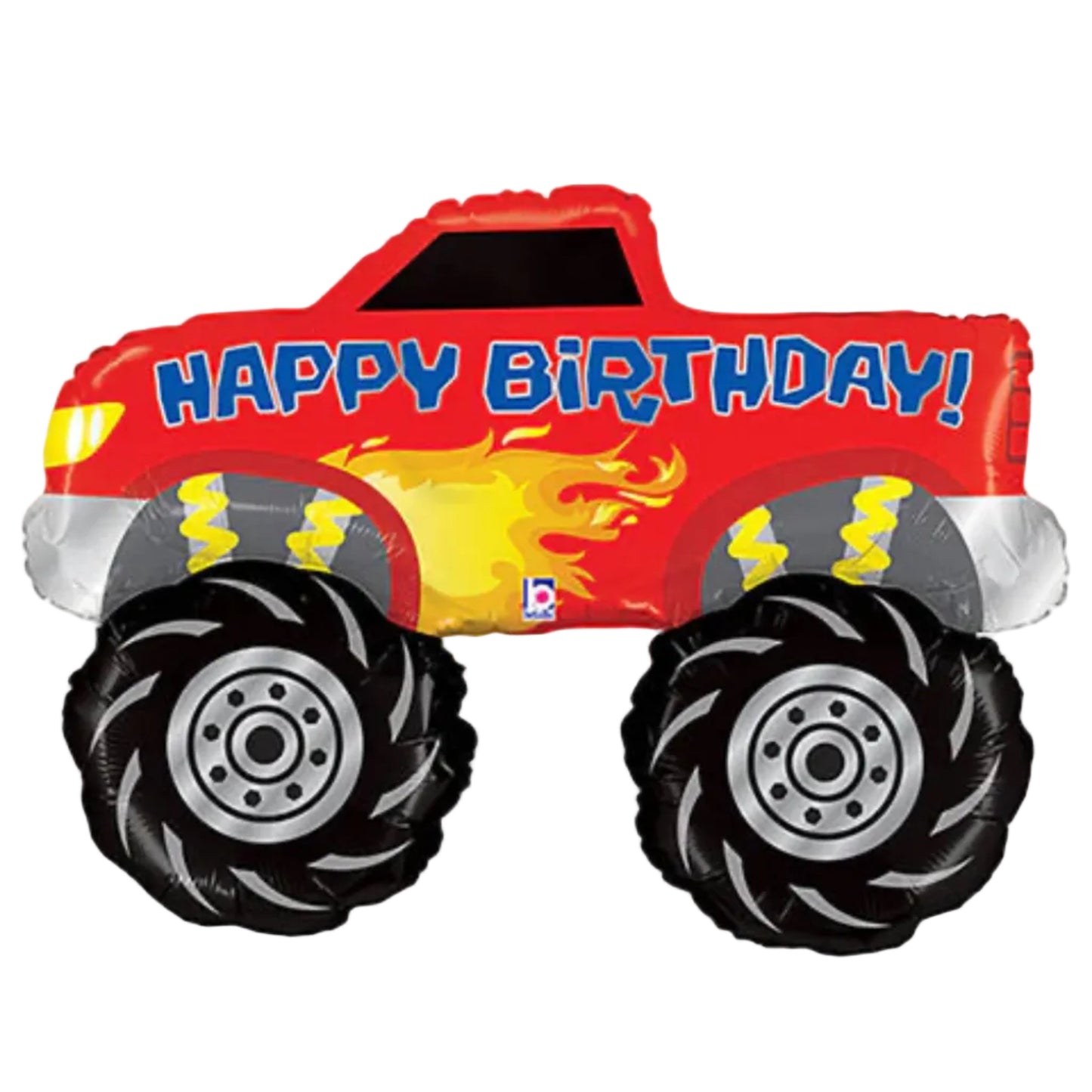 Red truck-shaped balloon with 'Happy Birthday!' text and flames on a white background