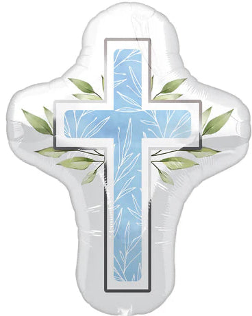 Decorative balloon shaped like a cross with green leaves on a white background