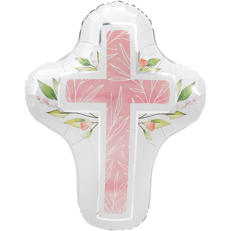 Decorative cross-shaped balloon with floral patterns on a white background