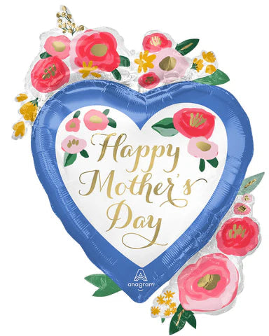 Heart-shaped Mother's Day balloon with floral designs and 'Happy Mother's Day' text.