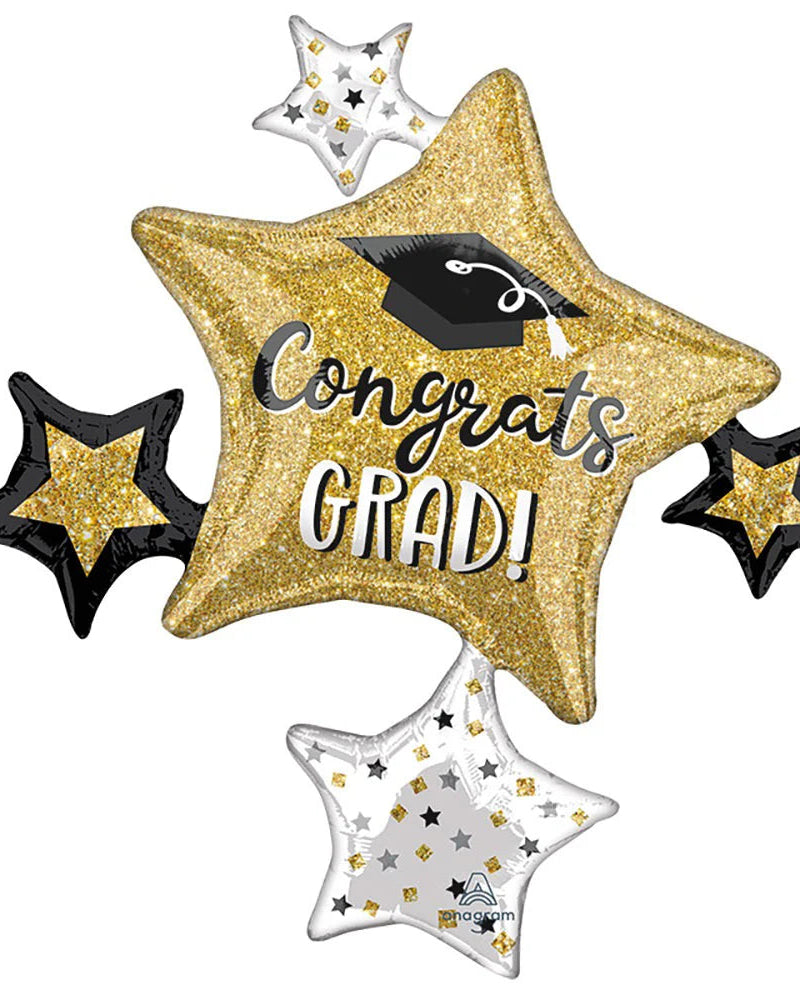 Gold star-shaped balloon with 'Congrats Grad!' text and graduation cap, surrounded by smaller star balloons on a white background.