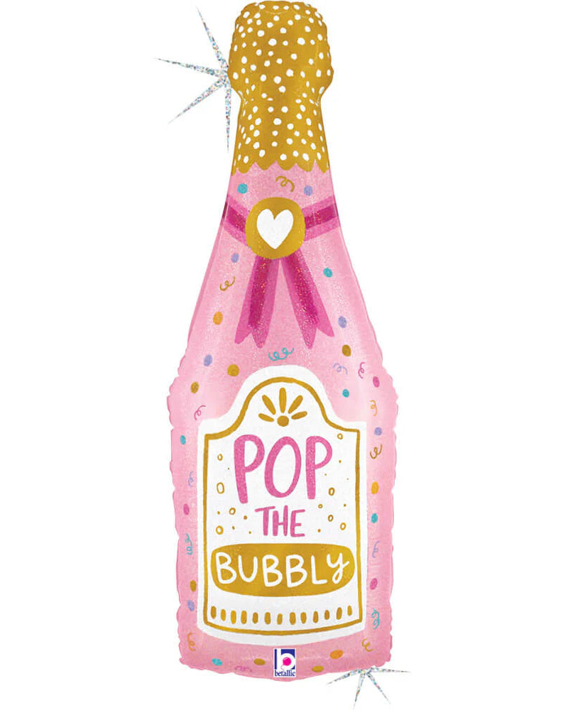 Balloon shaped like a pink champagne bottle with 'Pop the Bubbly' text on a white background