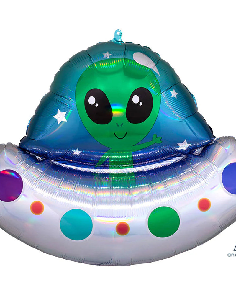 Inflatable alien in a UFO with colorful design on a white background