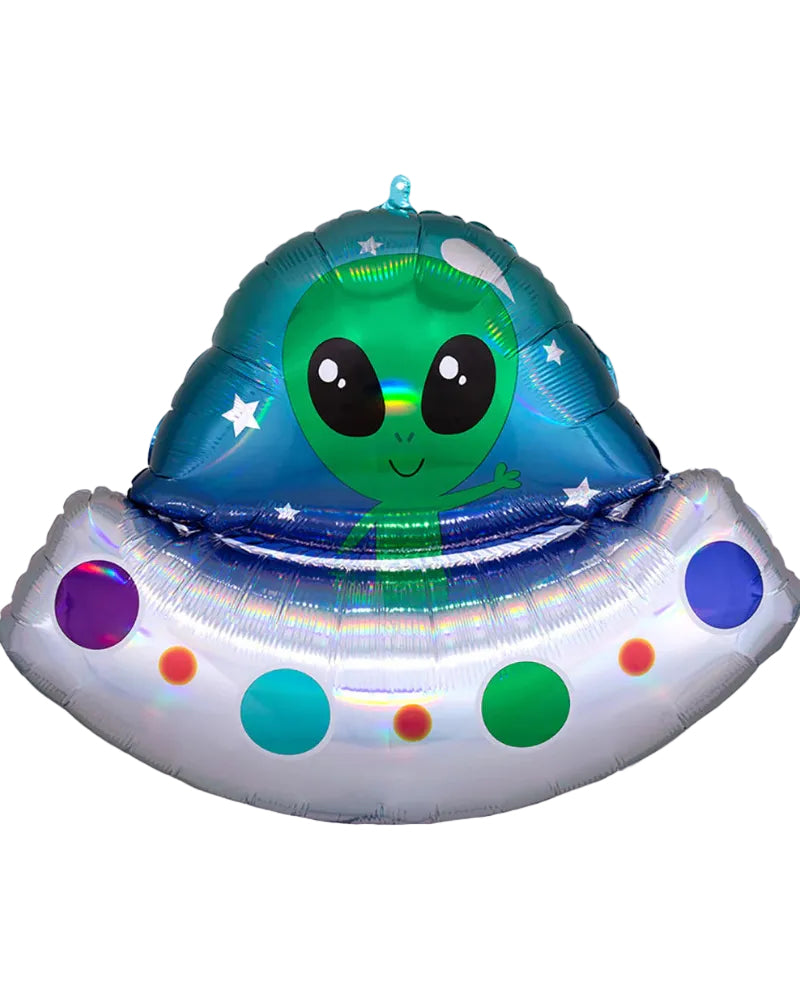 Inflatable alien in a UFO with colorful design on a white background