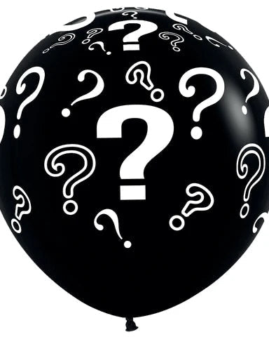Black balloon with white question marks on a white background