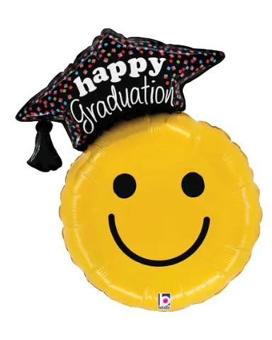 Yellow smiley face balloon with a graduation cap and 'happy graduation' text on a white background