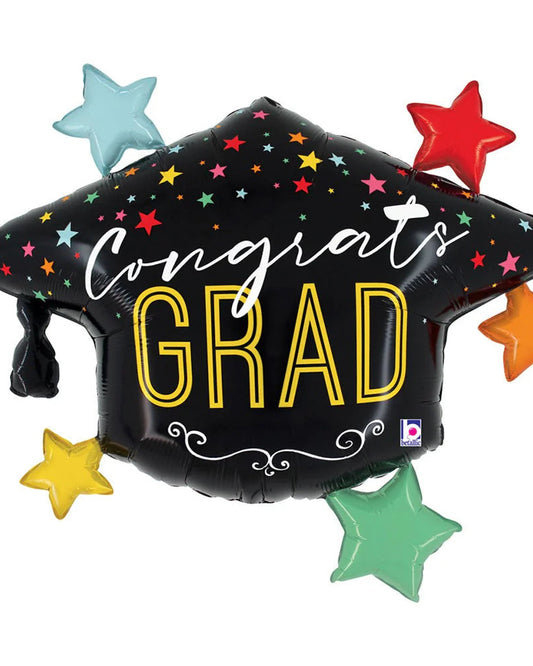 Decorative balloon with 'Congrats Grad' text and colorful stars on a white background