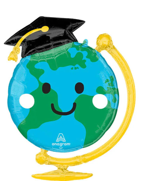 Globe-shaped balloon with a graduation cap and smiley face on a white background