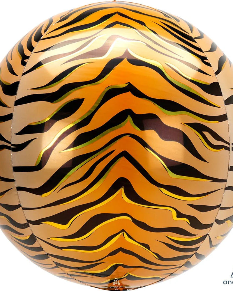 Spherical balloon with tiger stripe pattern on a white background